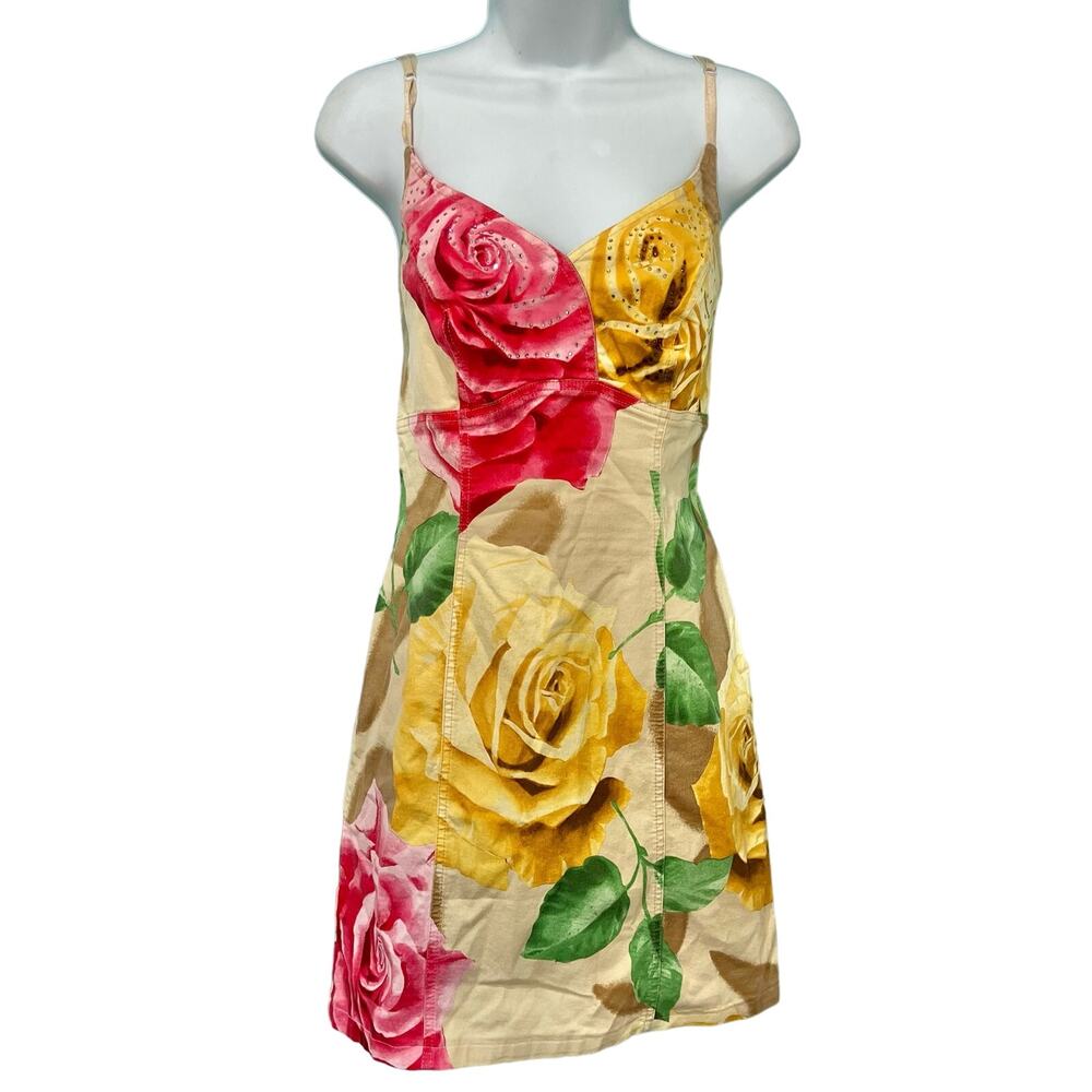 Y2K Pink Yellow Tan Floral Rhinestone Sleeveless Mini Dress 44 / M Angelo Marani - Picture 3 of 10